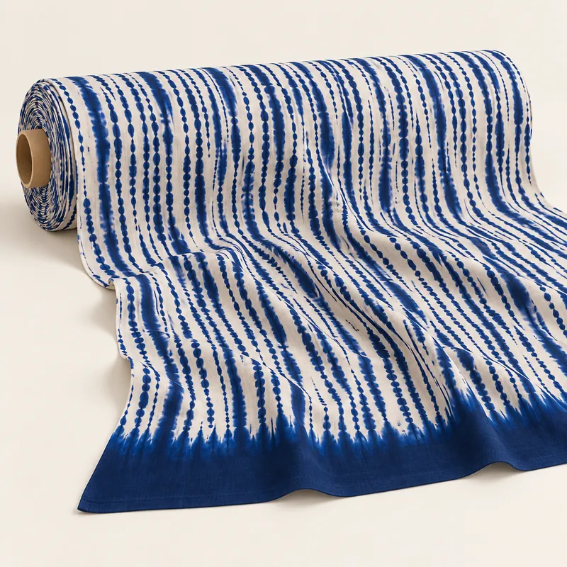 A roll of white fabric with an indigo stripe print and a deep indigo border